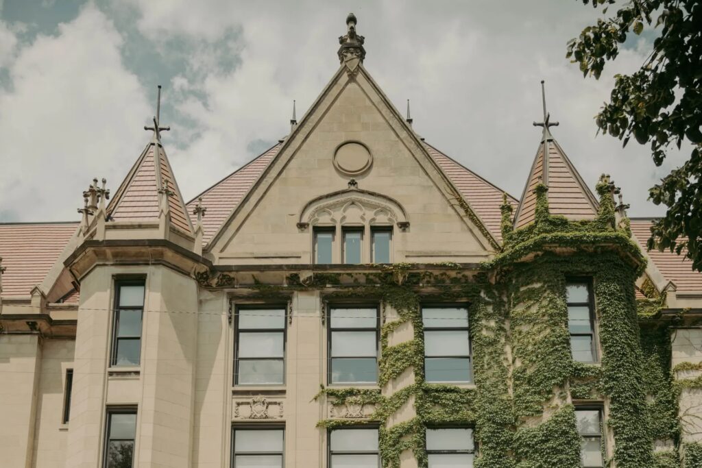 Historic ivy-covered university building